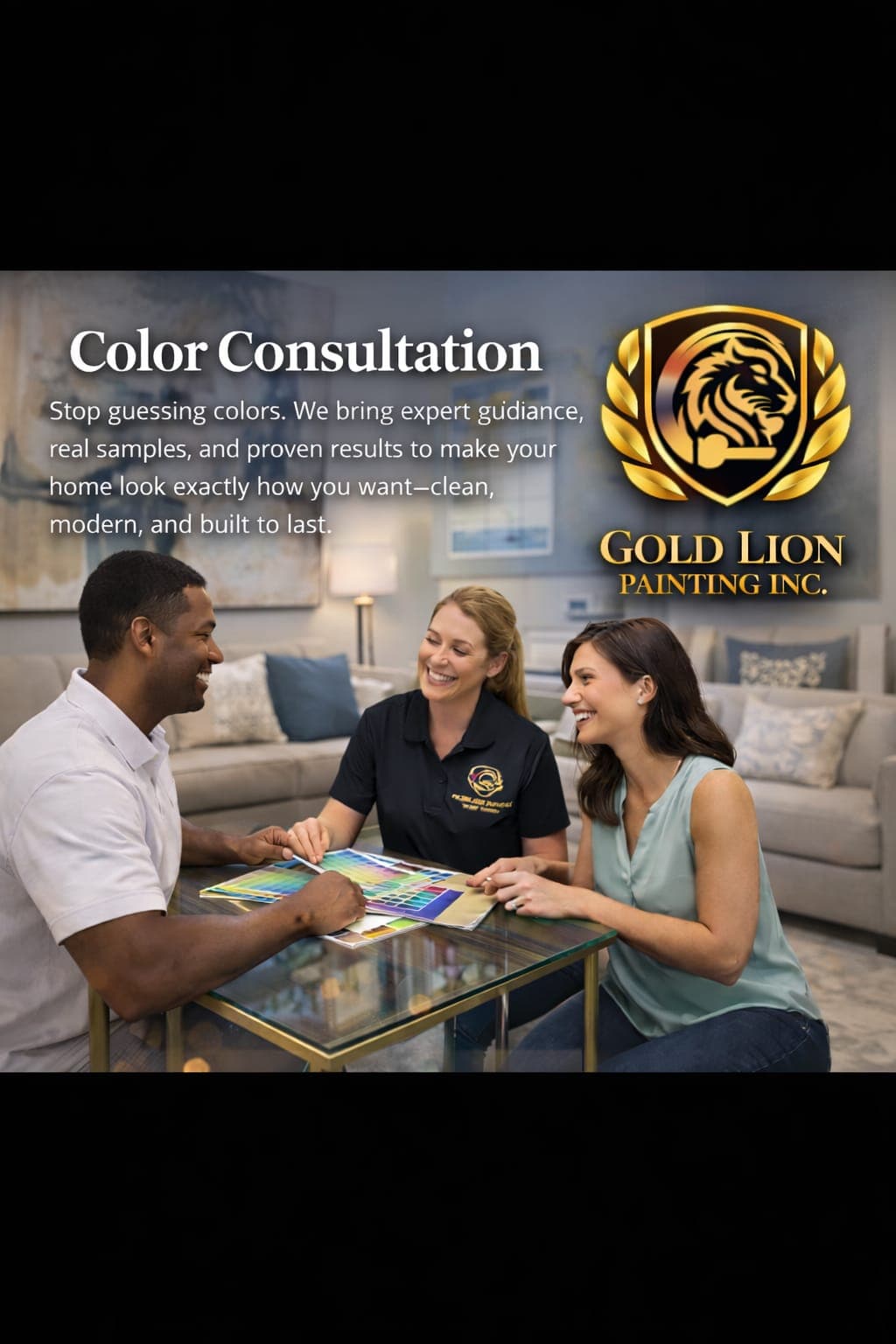 Gold Lion Painting color consultation with clients at a glass coffee table